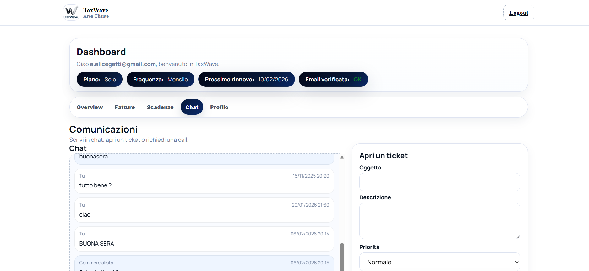 Chat, ticket e richieste call TaxWave
